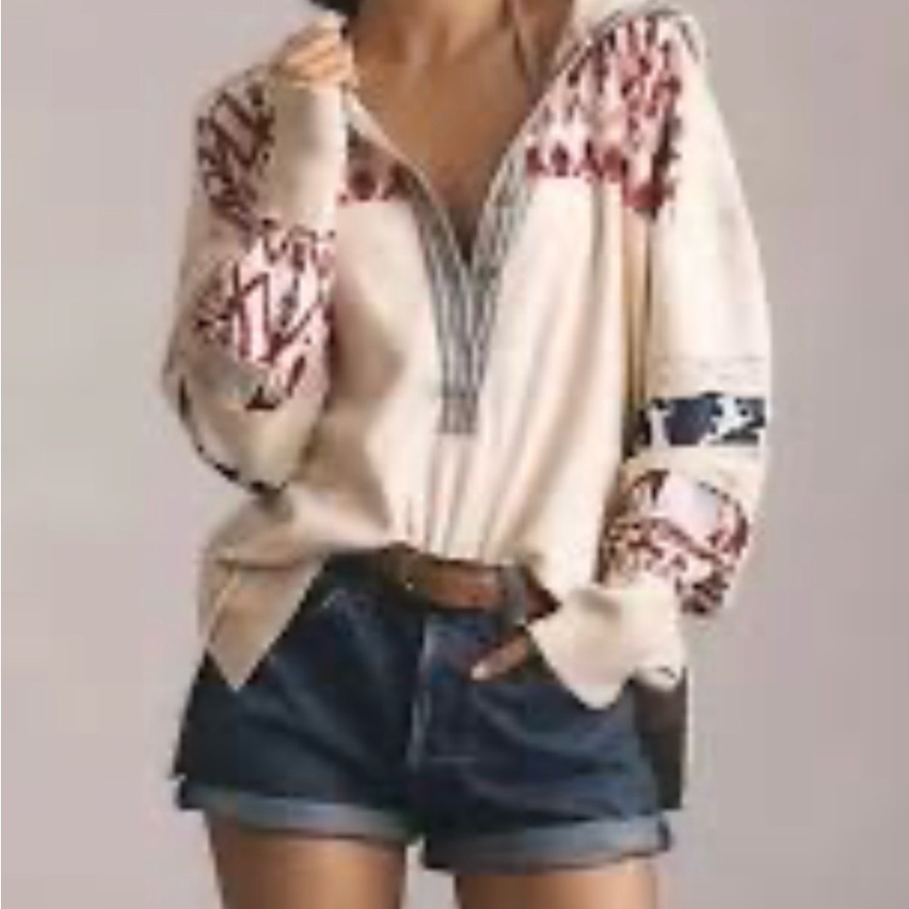 Anthropologie Cream Hoodie with Red & Navy Folk Embroidery